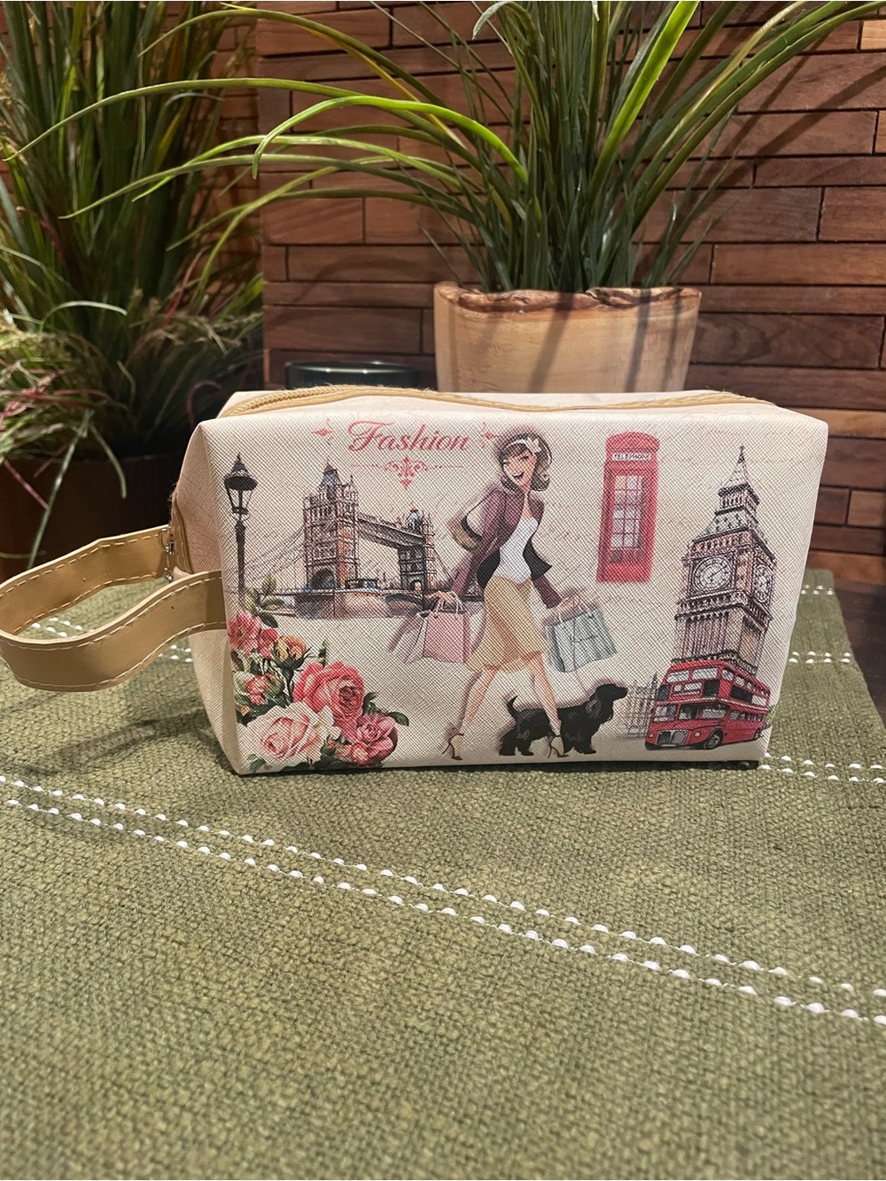 Beige London Print Cosmetic Bag with Gold Handle